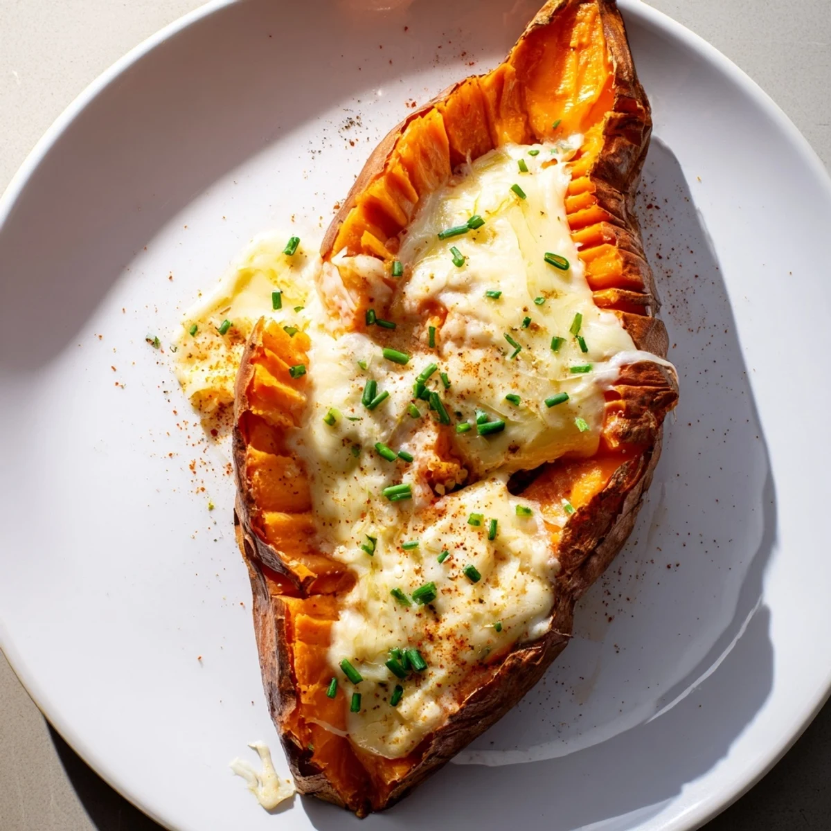 Golden, bubbly Sweet Potato & Cheese Whole Roast, a savory vegetarian main dish ready to eat.