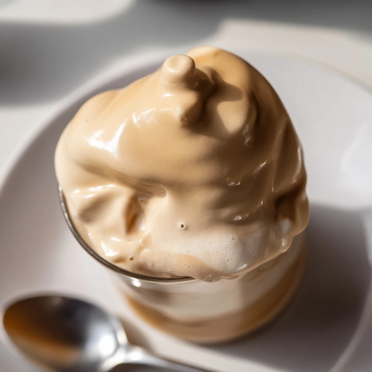 Enjoy a photo of homemade, vanilla-infused Starbucks cold foam, lightly spooned over a dark, chilled iced coffee.