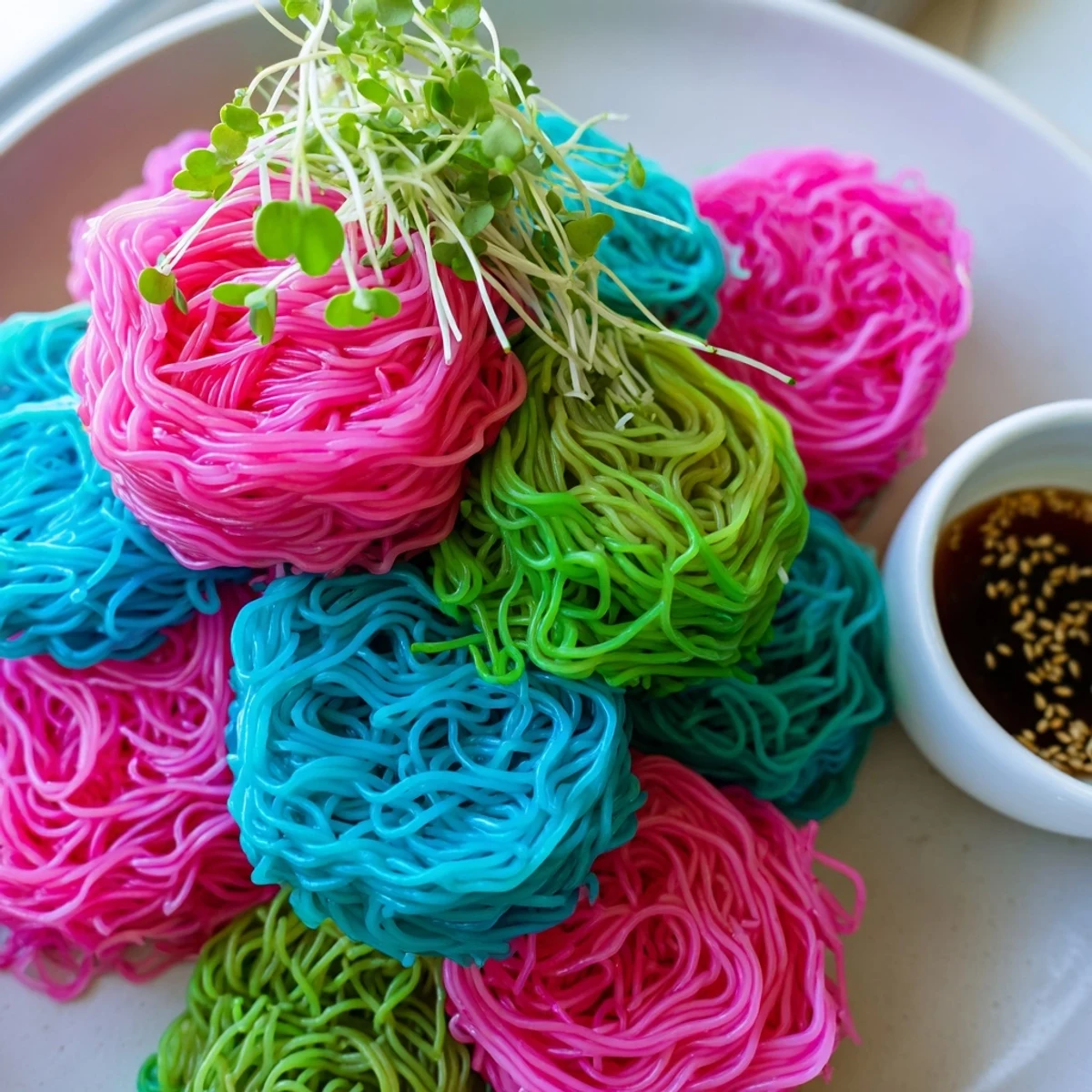 Close-up of freshly prepared Neon Noodle Clouds, a fun vegan appetizer with a soy dipping sauce.