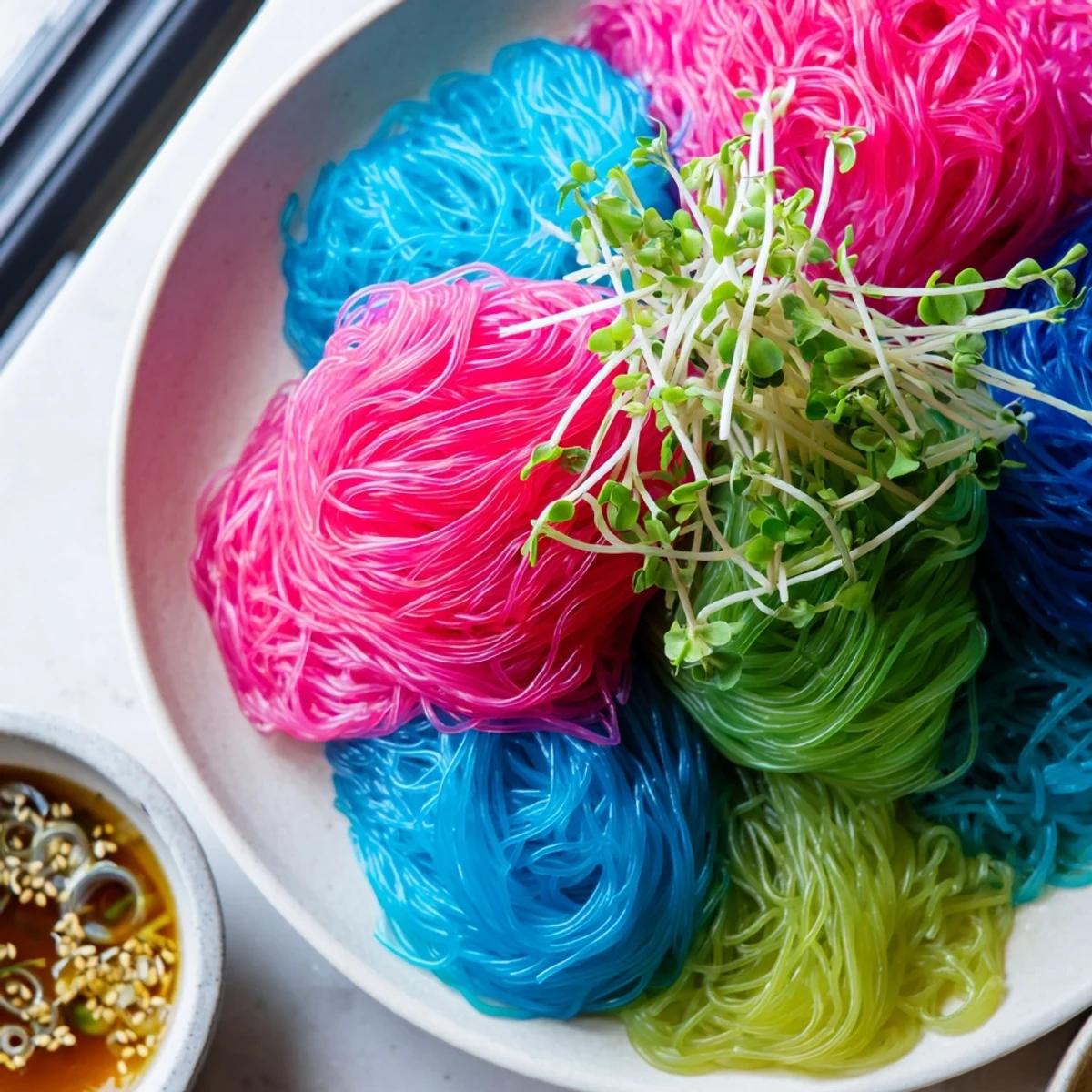 Vibrant bowl of chilled Neon Noodle Clouds, swirled with colorful strands and savory dipping sauce.