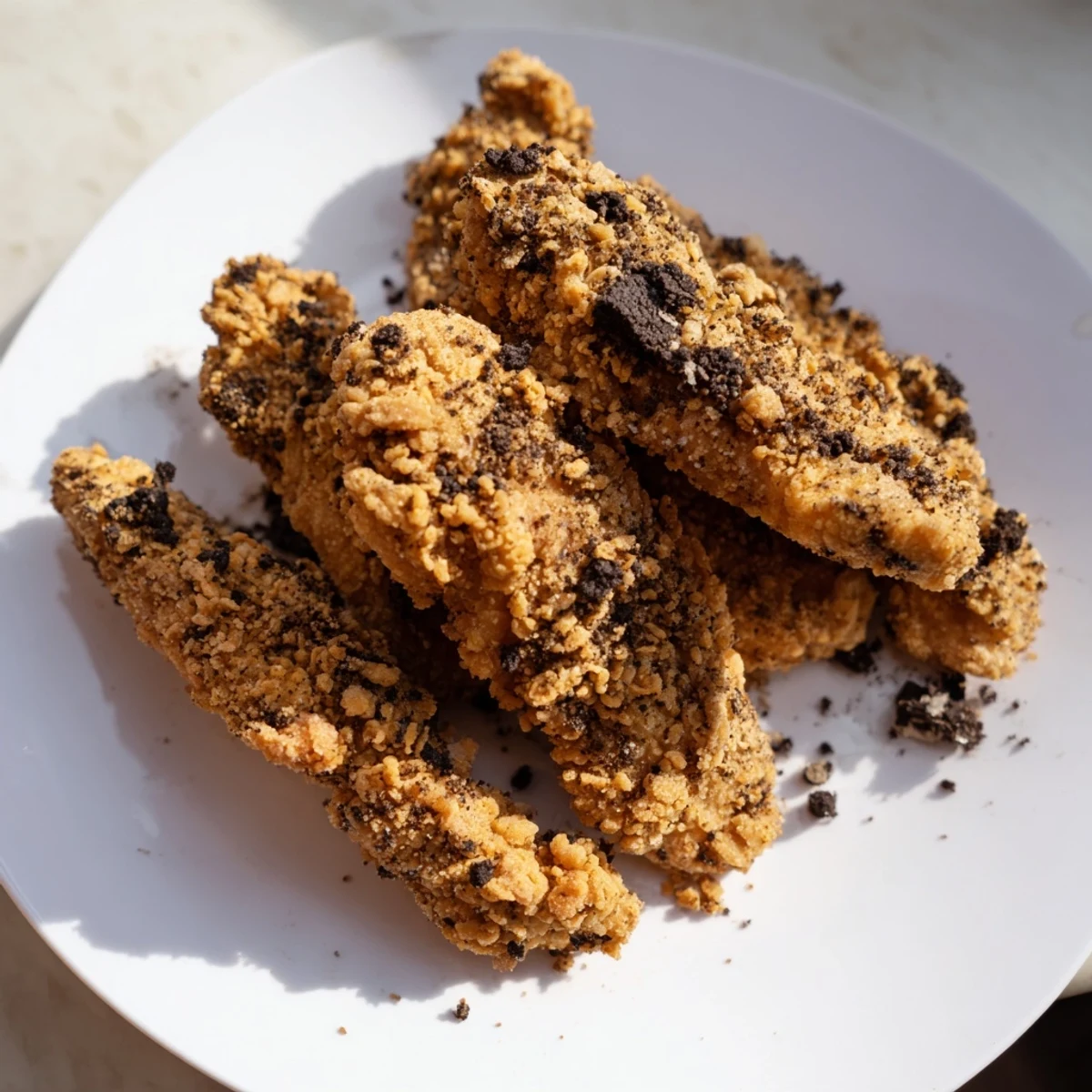 Close-up of freshly fried DIY KFC Oreo Krusher-inspired fried chicken tenders, perfectly coated and ready to eat.