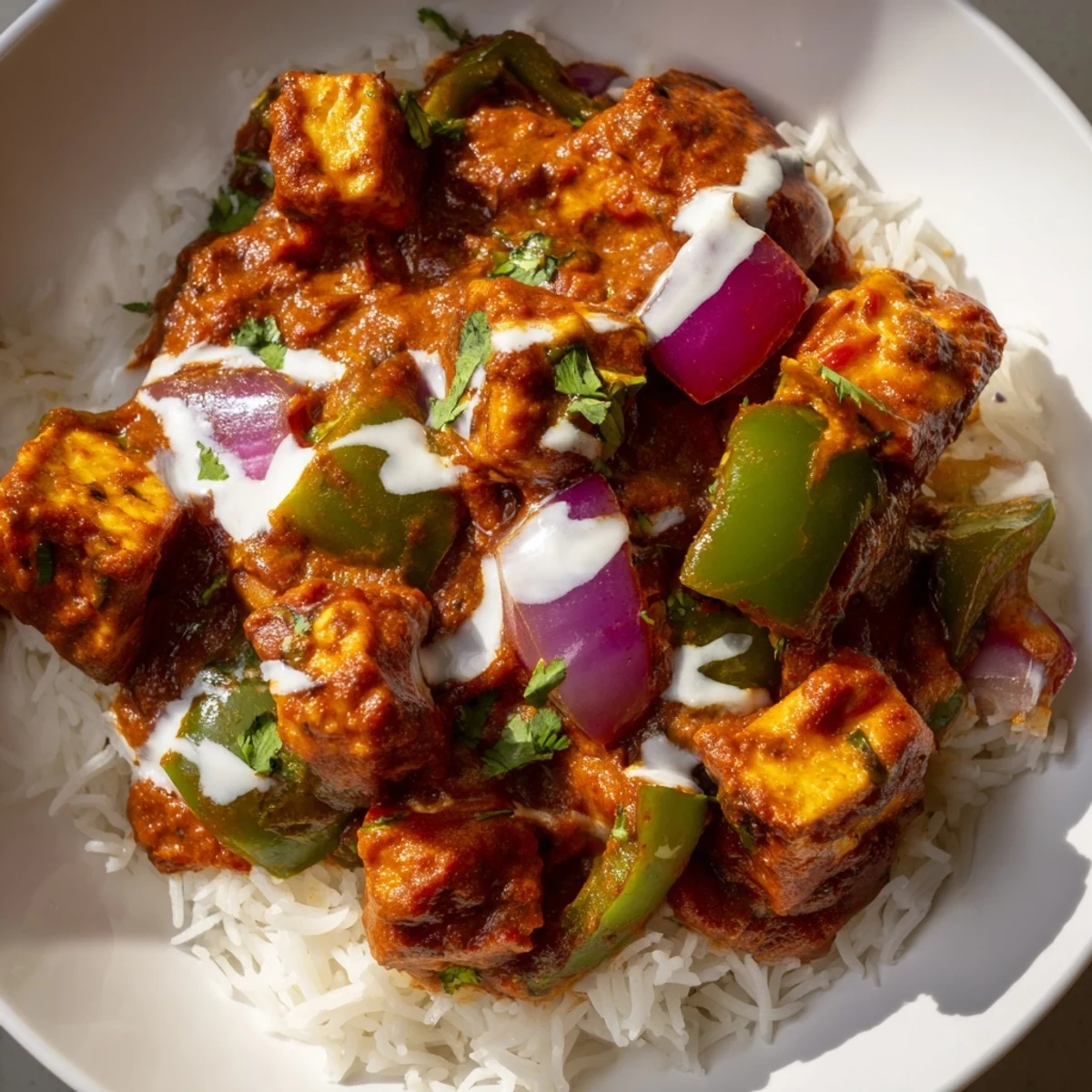 Creamy, vibrant Paneer Tikka Masala, a vegetarian Indian delight, served with fluffy basmati rice.