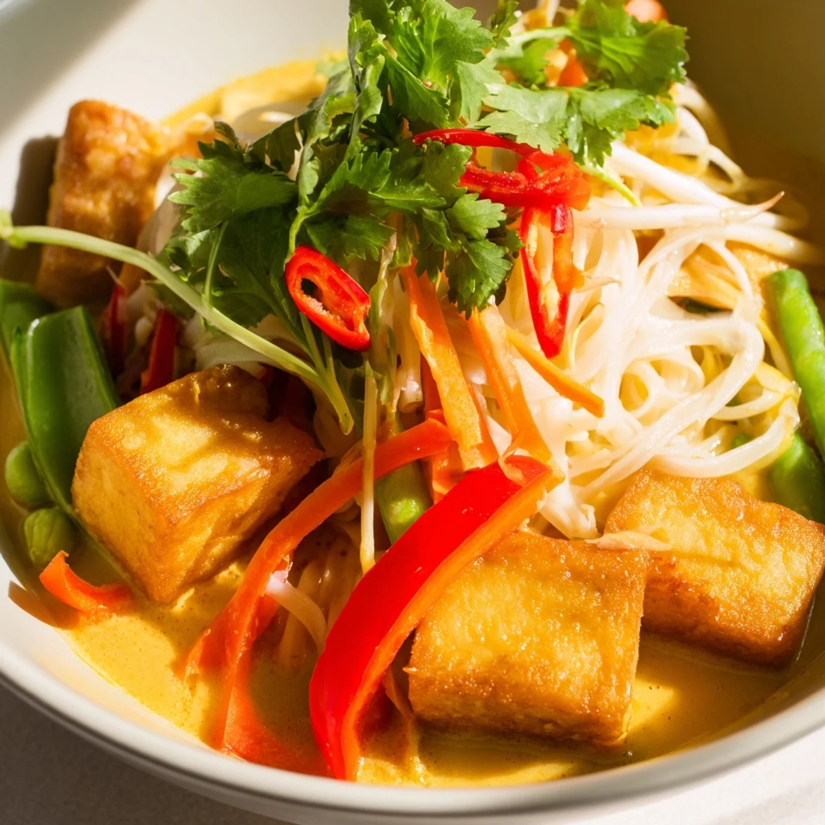 Steaming bowl of Malaysian Laksa Curry, featuring aromatic broth, tofu, and fresh toppings.