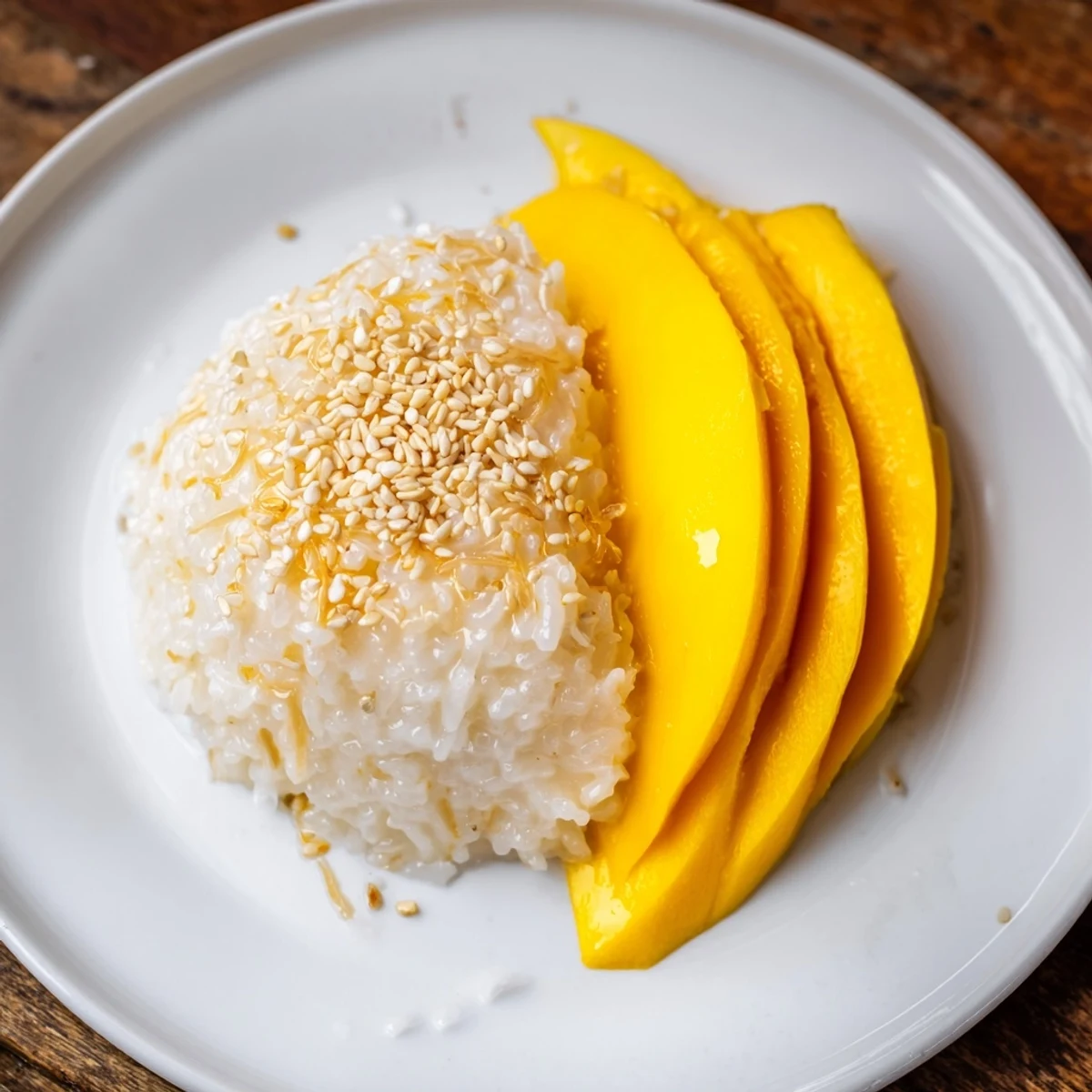 Golden mango slices alongside creamy Thai Mango Sticky Rice, drizzled with coconut sauce.
