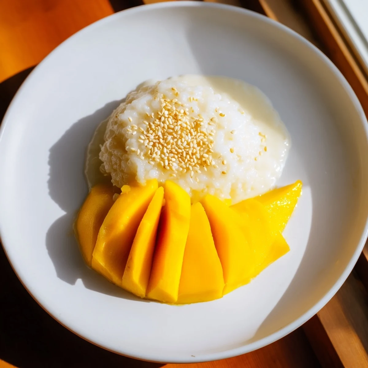 A close-up of beautifully plated Thai Mango Sticky Rice, showcasing sweet mango and glossy rice.