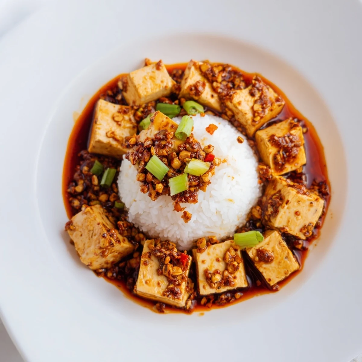Steaming bowls of Chinese Mapo Tofu atop rice, showcasing the glistening sauce and soft tofu.