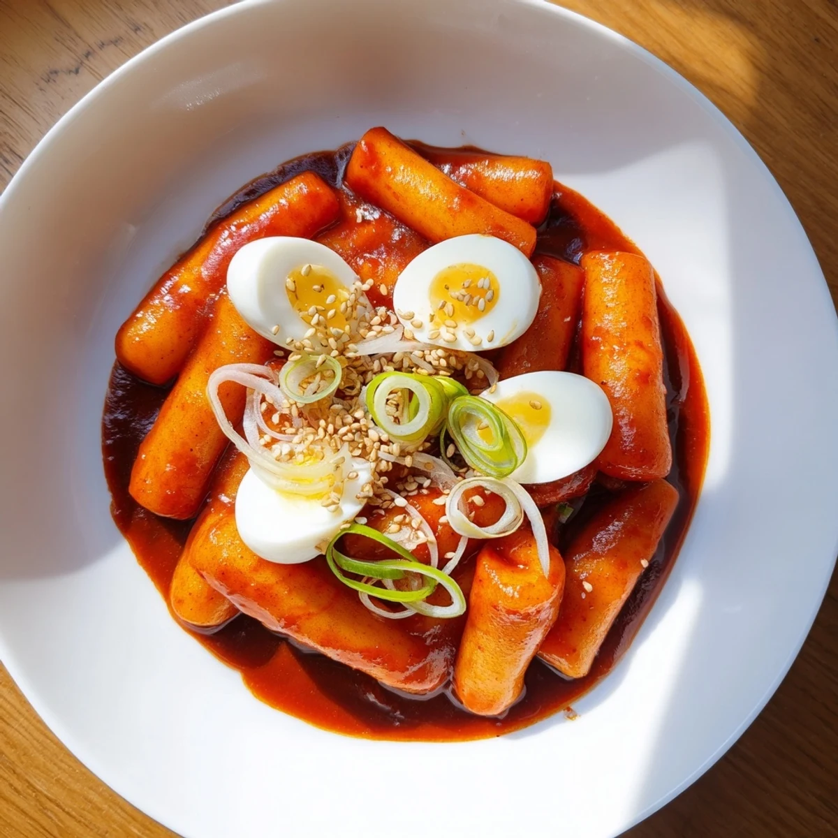 Enjoy a comforting bowl of Korean Tteokbokki, garnished with green onions and sesame seeds.