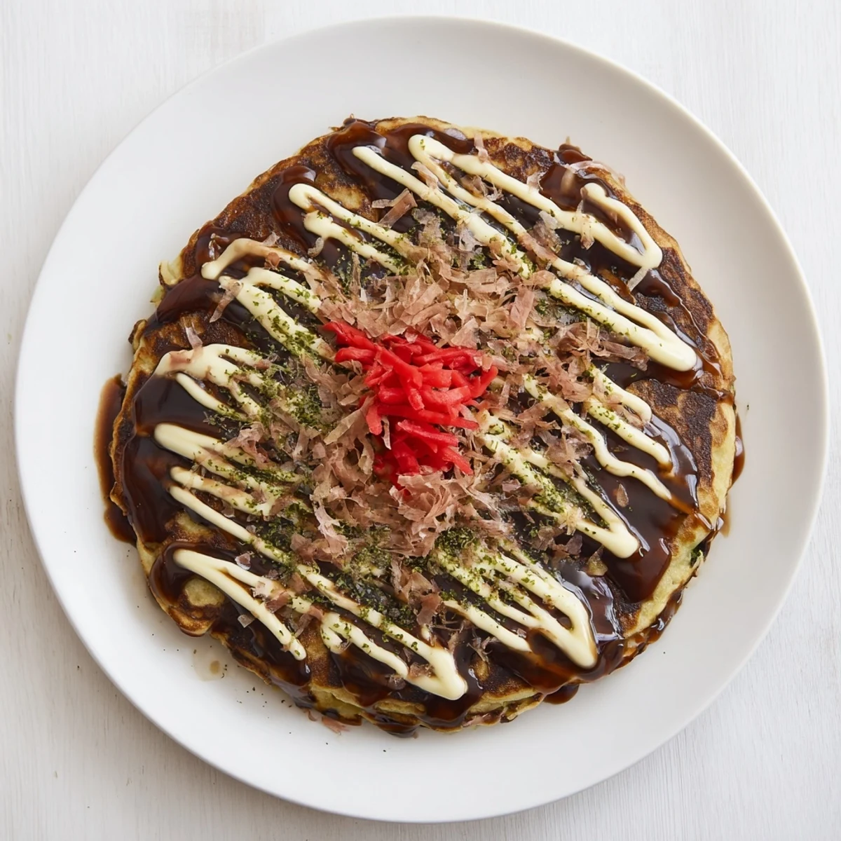 A stack of savory Japanese Okonomiyaki Pancakes glistening with sauces and smoky bonito flakes, ready to eat!