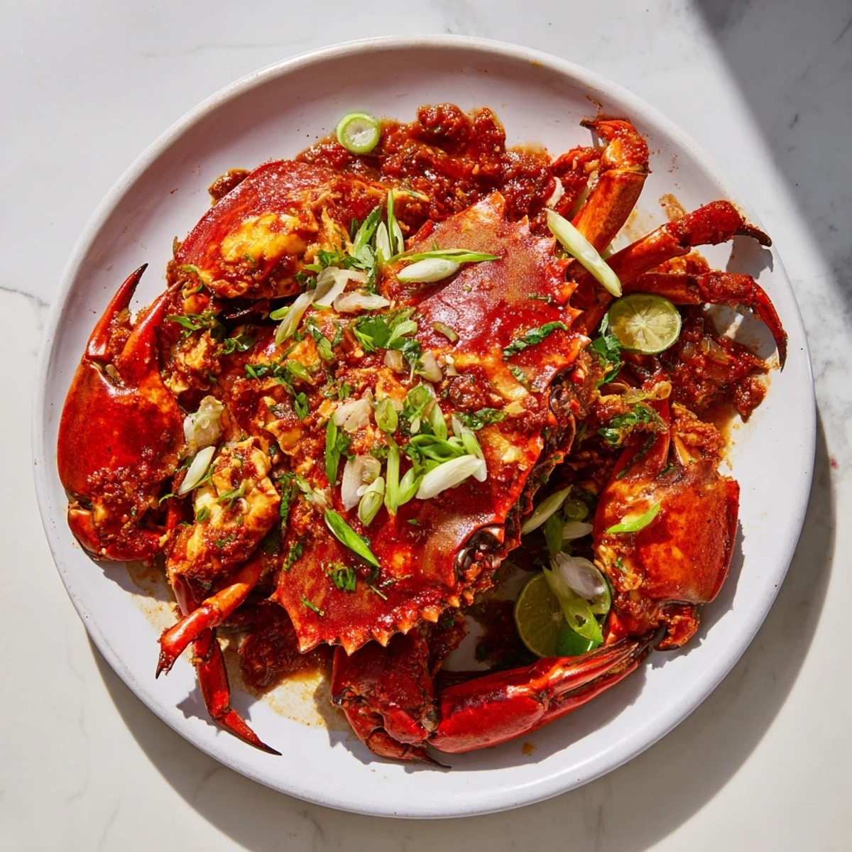 Steaming Singaporean Chili Crab, aromatic and spicy, served with fresh cilantro and lime wedges.