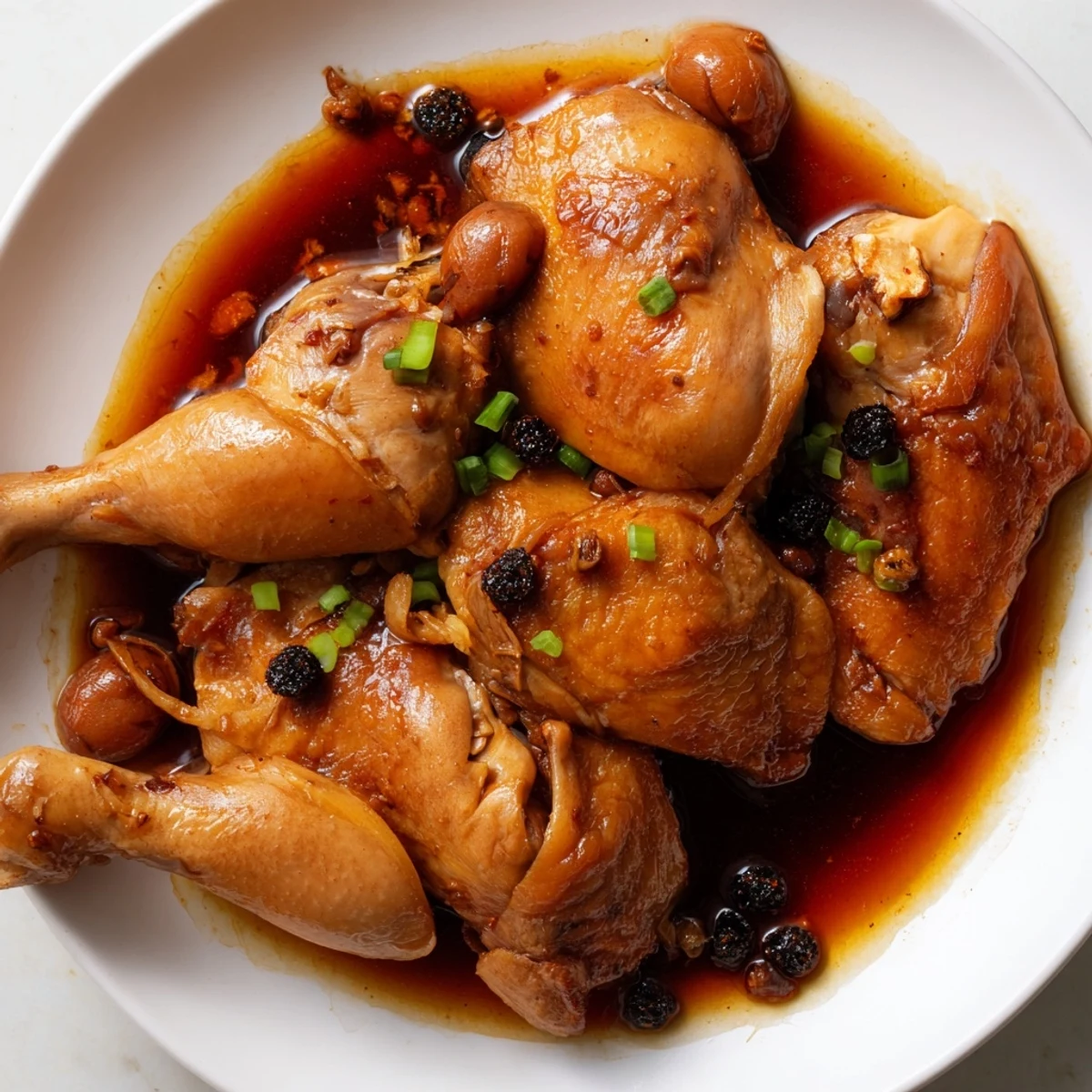 Tender Filipino Chicken Adobo, braised in a rich sauce, ready to be served over fluffy white rice.