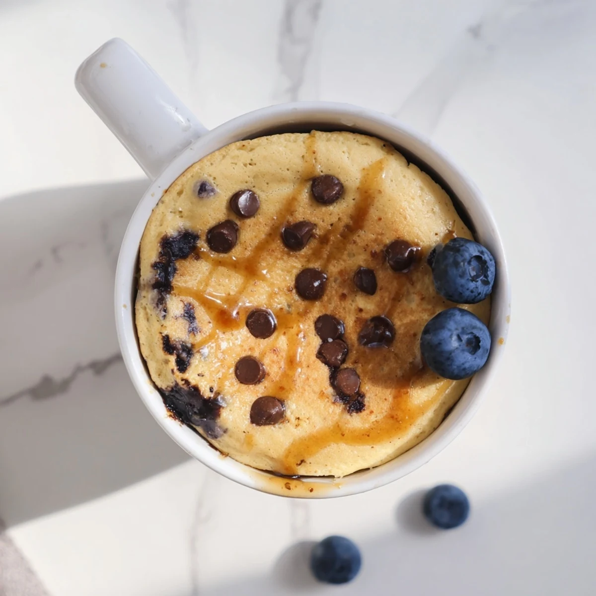 A fluffy, steaming Microwave Mug Pancake topped with sweet maple syrup and fresh blueberries.  