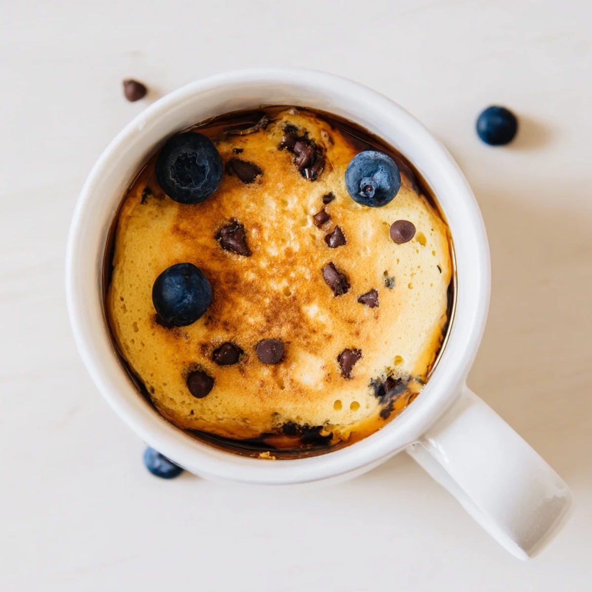 Ready to enjoy Microwave Mug Pancake served warm with a drizzle of maple syrup.
