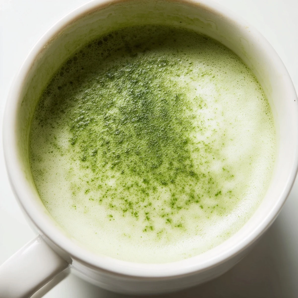 Creamy Matcha Green Tea Latte steaming in a white mug, topped with rich foam and a light dusting of vibrant green powder.