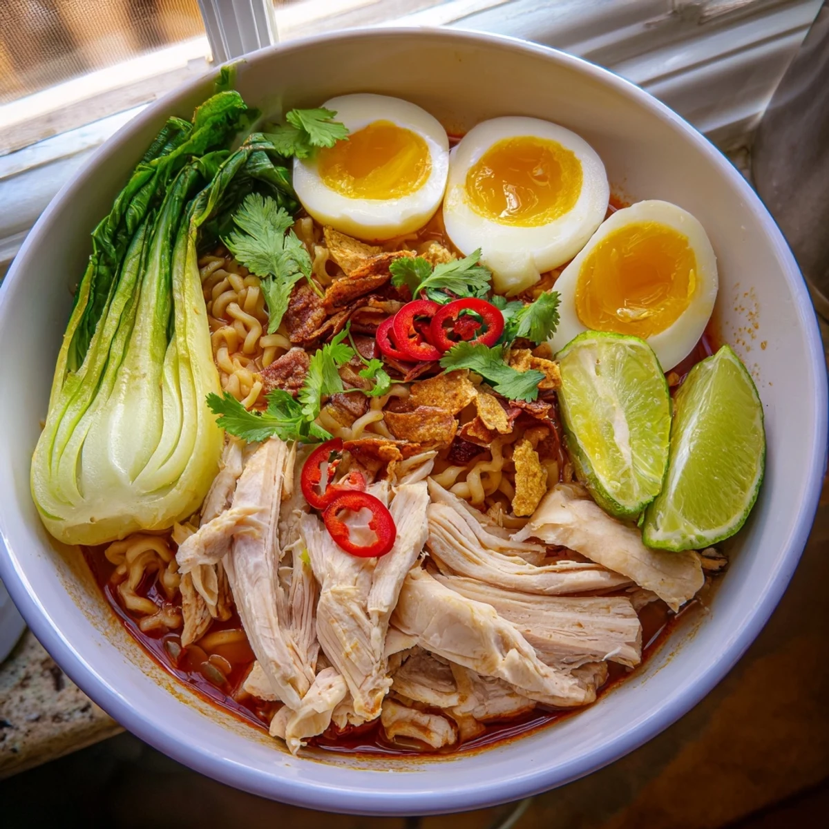 A spicy Thai Miso Ramen Bowl topped with crispy shallots, cilantro, and lime wedges for serving.
