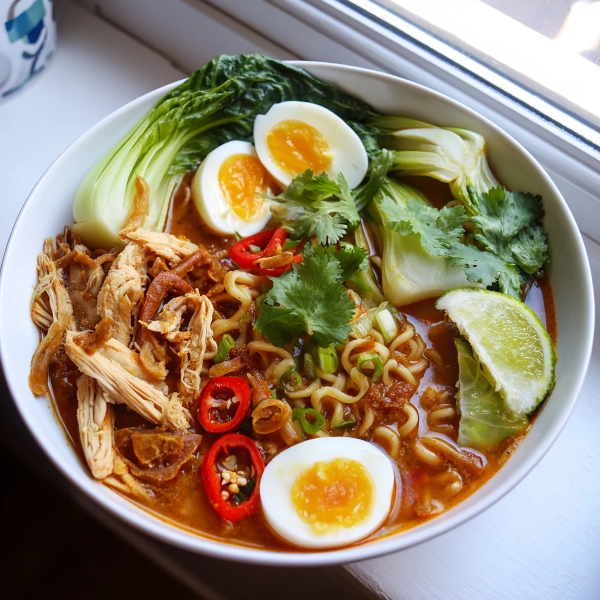 Fusion Thai Miso Ramen Bowl with shredded chicken, jammy eggs, and fresh noodles ready to be slurped.