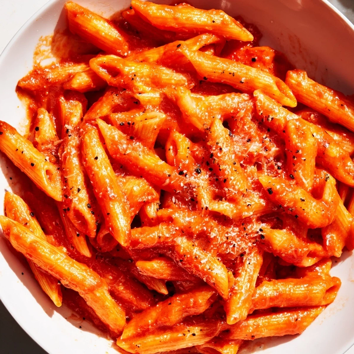 Tender penne pasta with a glossy marinara sauce and melted Parmesan in a cozy microwave bowl.  