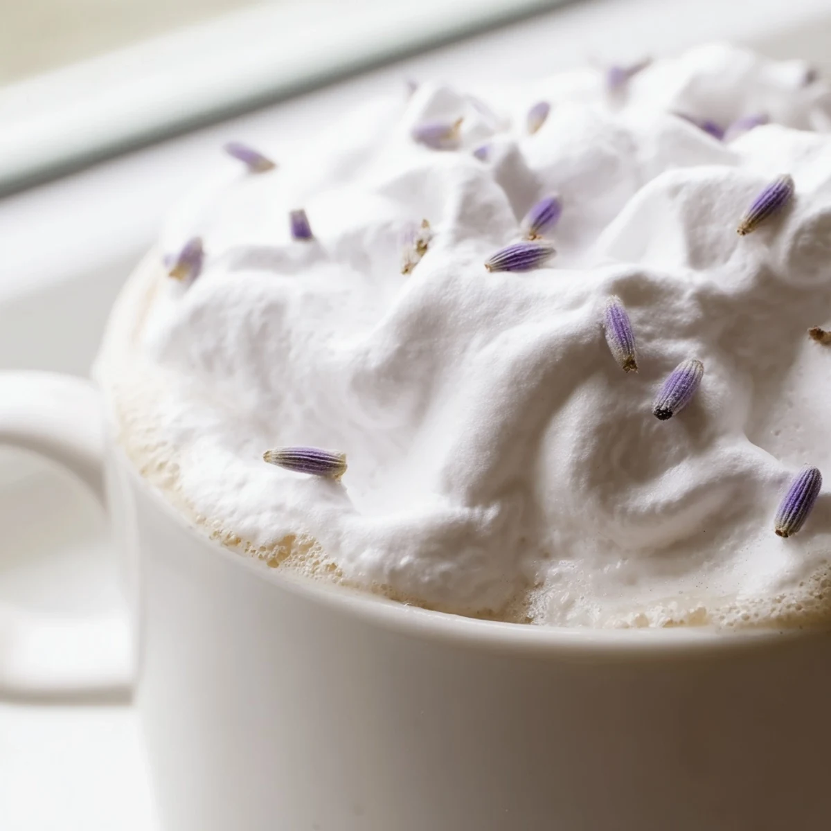 A fragrant Whipped Lavender Latte topped with fluffy foam and a delicate lavender garnish.