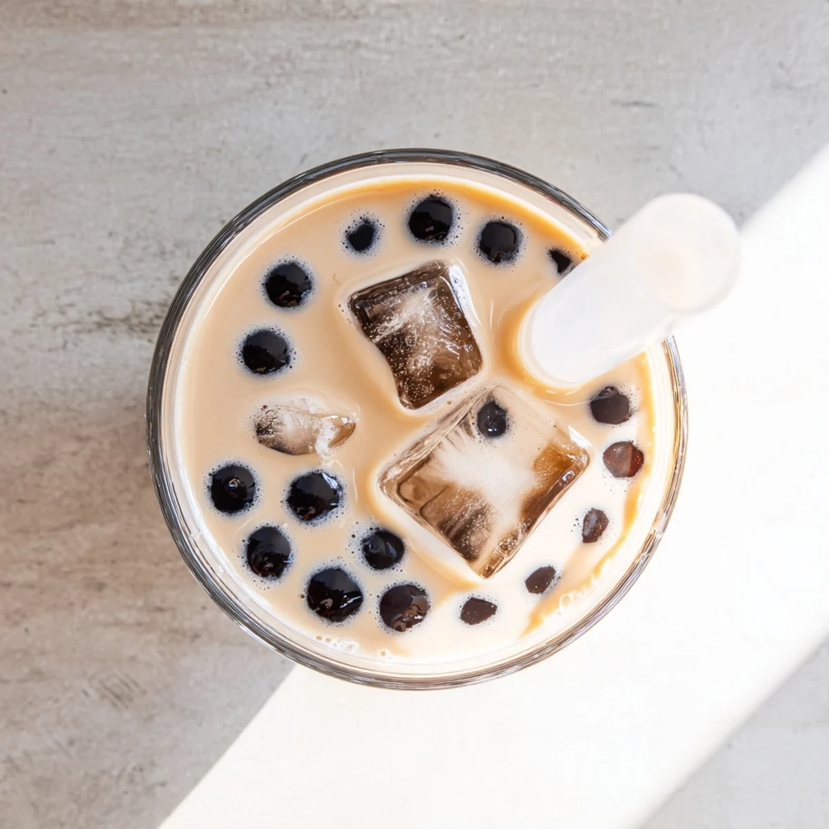 Cold milk tea with chewy tapioca pearls is poured over ice into a glass for a refreshing Boba Tea Hack.