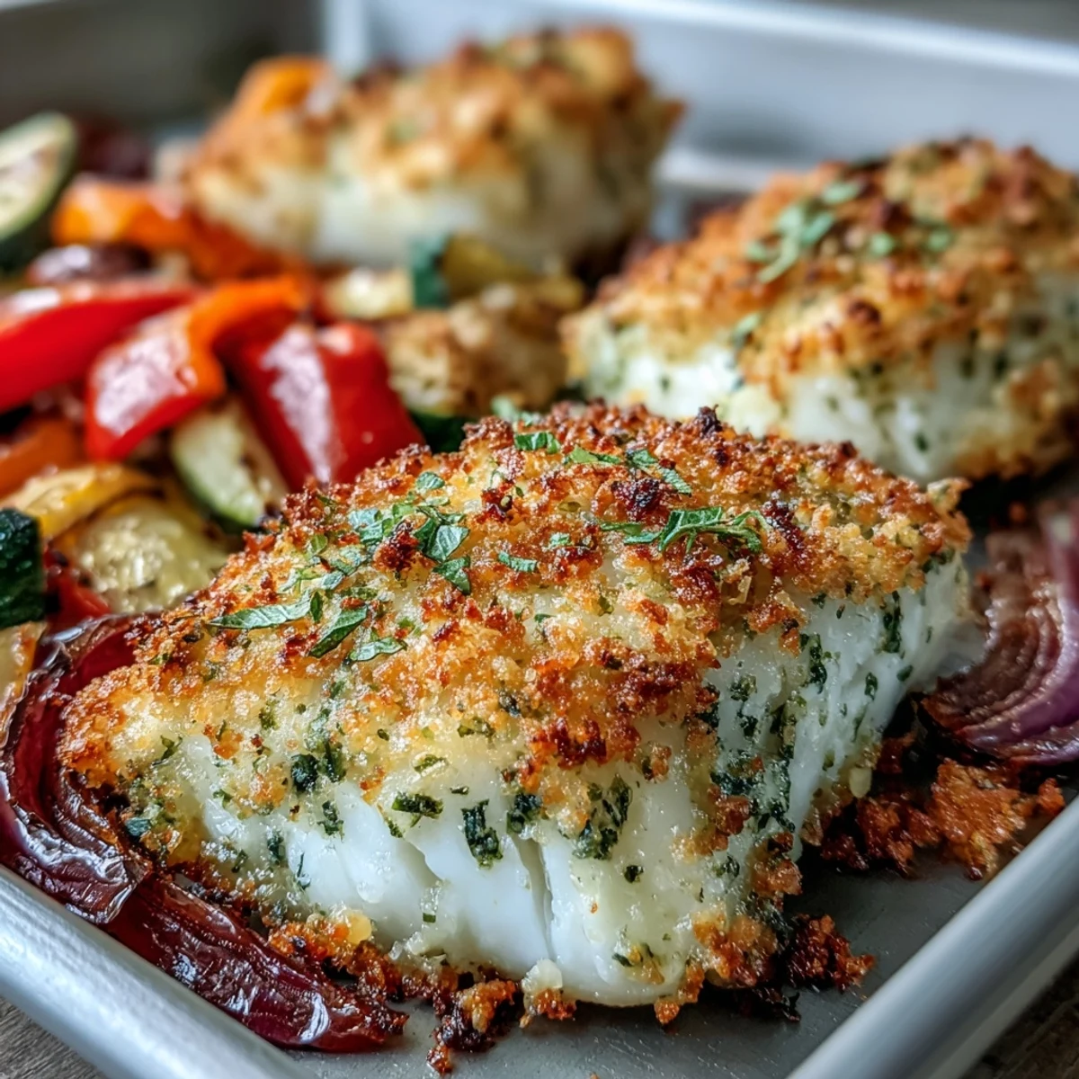 Crispy Parmesan Crusted Fish With Roasted Vegetables