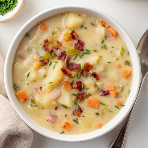 A steaming bowl of The Ultimate Potato Soup, garnished with fresh chives, ready to enjoy.