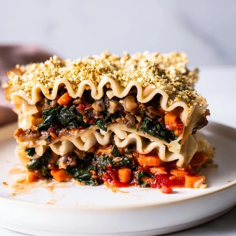 Steaming hot Vegan Lasagna, packed with rich mushroom-spinach bolognese, ready to serve with fresh basil.