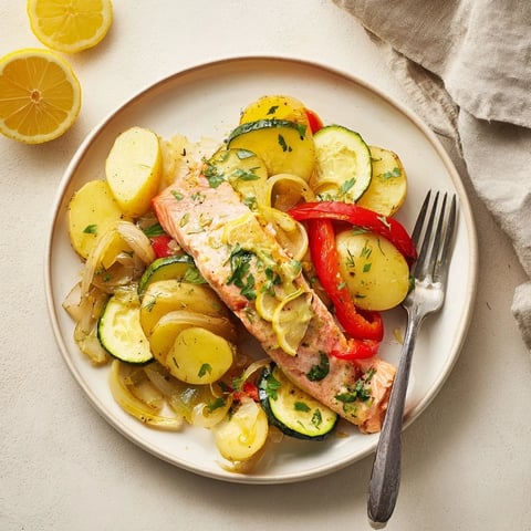 Flaky baked Lemon Butter Salmon Sheet Pan with vibrant roasted vegetables and a bright sauce.