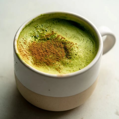 A frothy, vibrant green Cinnamon Maple Oat Milk Matcha Latte with a delicate cinnamon sprinkle atop.