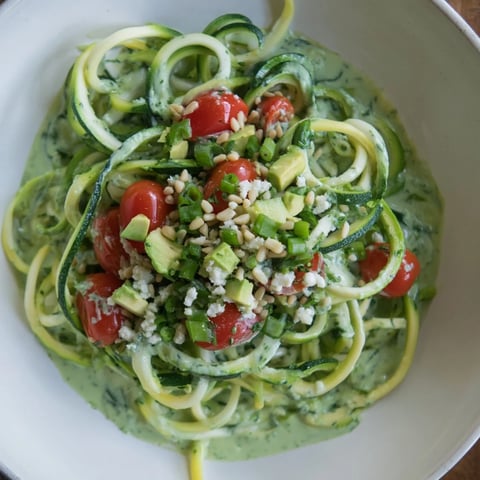Vibrant Green Goddess Zoodle Pasta, tossed in creamy basil sauce with fresh cherry tomatoes and avocado.