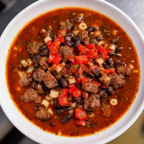 Steaming One-Pot Ditalini with Hot Cocoa Chili, smelling of dark chocolate and savory spices, ready to eat.