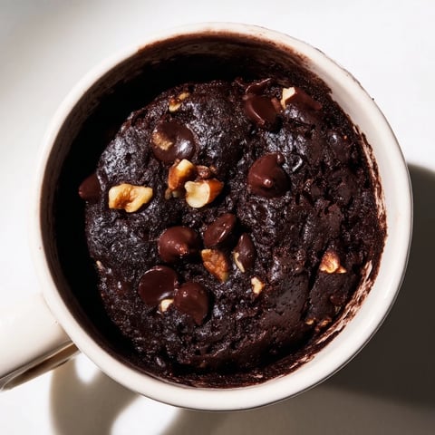 Steaming mug brownie, with a scoop of vanilla ice cream, ready to enjoy as a quick dessert.