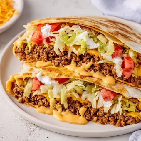 A close-up of a perfectly grilled Taco Bell Crunchwrap Supreme, oozing with cheese and savory filling.