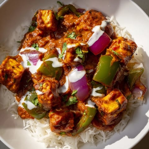 Creamy, vibrant Paneer Tikka Masala, a vegetarian Indian delight, served with fluffy basmati rice.