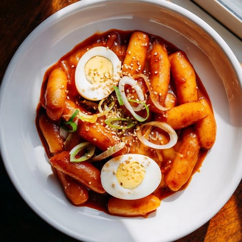 Steaming hot Korean Tteokbokki with vibrant red sauce and perfectly boiled eggs, ready to eat.