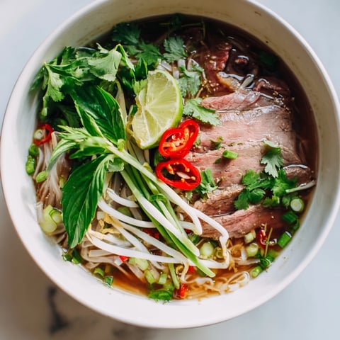 Steaming bowl of Vietnamese Pho Express with tender beef and fragrant herbs, ready to enjoy.