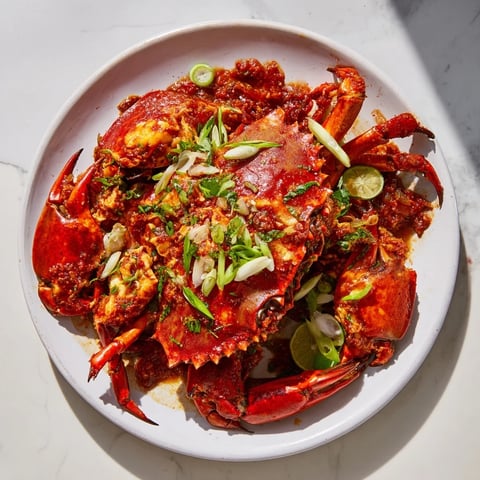 Steaming Singaporean Chili Crab, aromatic and spicy, served with fresh cilantro and lime wedges.