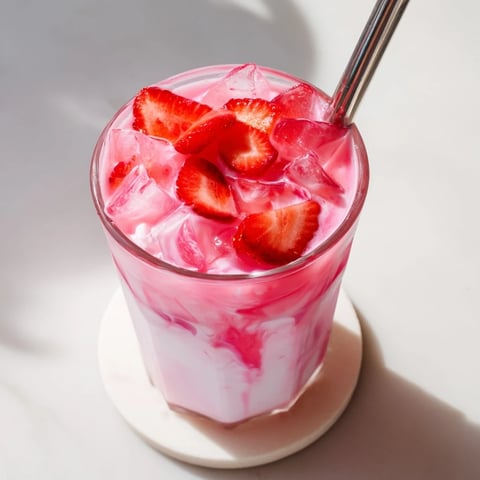 Frothy, pink Refresher Copycat Pink Drink with ice cubes and fresh strawberry slices in a clear glass.  