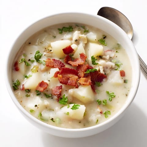 A bowl of homemade New England Clam Chowder, garnished with parsley, looks warm and comforting.