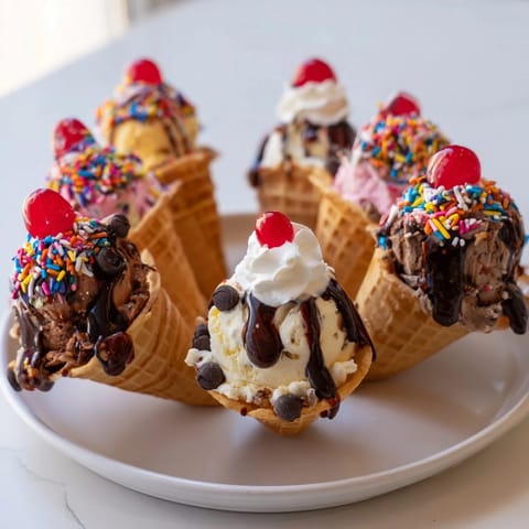 An ice cream cone grazing board overflowing with vibrant ice cream, fruit, and sweet treats.