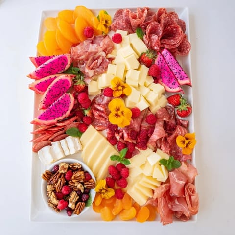 A beautifully arranged Flamingo Paradise Board with pink dragon fruit, juicy watermelon, and various cheeses ready to eat.