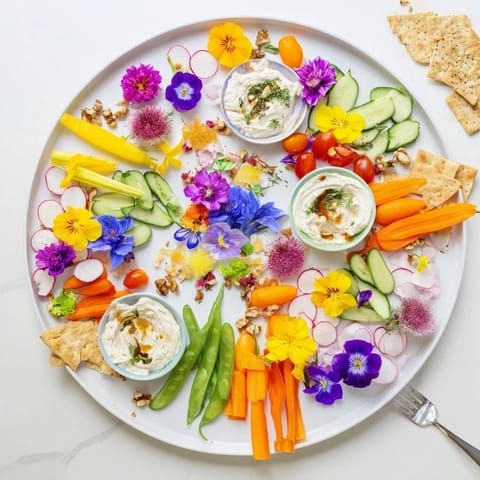 Fairy Garden Platter with vibrant edible flowers, fresh veggies and creamy dips arranged beautifully for serving.