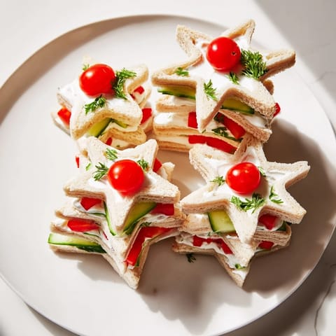 Delicious Stacked Star Christmas Tree Sandwiches made with star-shaped bread, perfect for a holiday party spread.