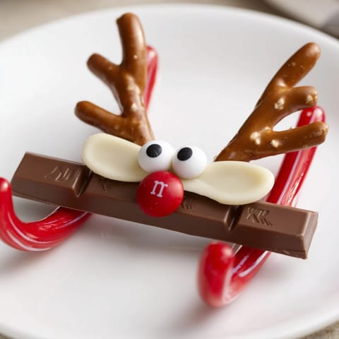 Easy to make Rudolph Candy Cane Sleds, a festive dessert recipe, with candy canes as runners.