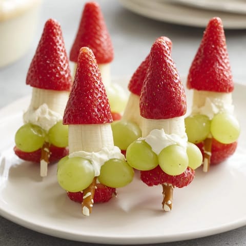 Sweet, assembled Elf Hat Strawberry Skewers with fresh fruit, ready to enjoy at a party.
