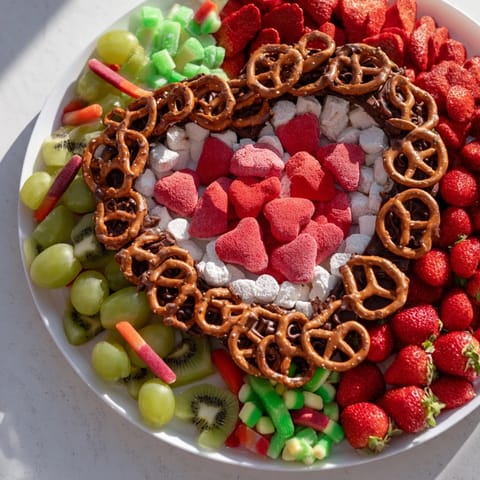 A vibrant Grinch's Heart Pretzel Board with pretzels, fruits and colorful candies for a fun snack.