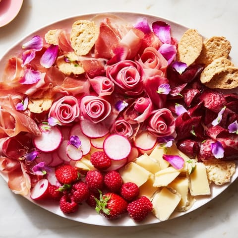 This Pink Petal Watercolor Wash presents an artistic display of elegant meats and cheeses ready to enjoy.