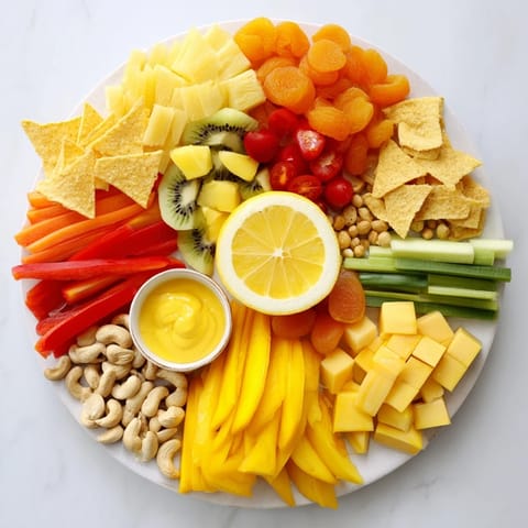 Image of a sunny and appealing 57, Sunny Yellow Citrus Burst appetizer board, ripe with golden fruit and veggies.