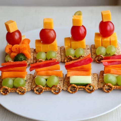 Choo Choo Train Snack Track: colorful platter of fresh snacks arranged as a train, perfect for kids!