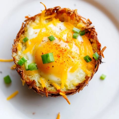 Warm, appetizing photo shows perfectly formed hashbrown egg nests filled with runny yolks.
