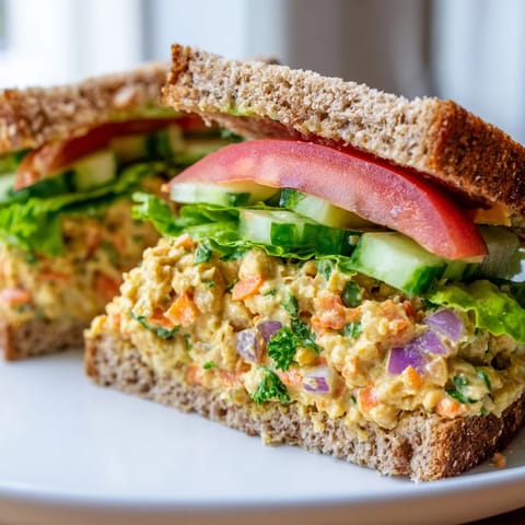 Close-up photo of a healthy and delicious chickpea salad sandwich on whole grain bread.