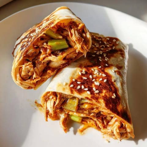 A perfectly grilled Korean BBQ Chicken Wrap Grilled Cheese, served with chopped scallions and sesame seeds.